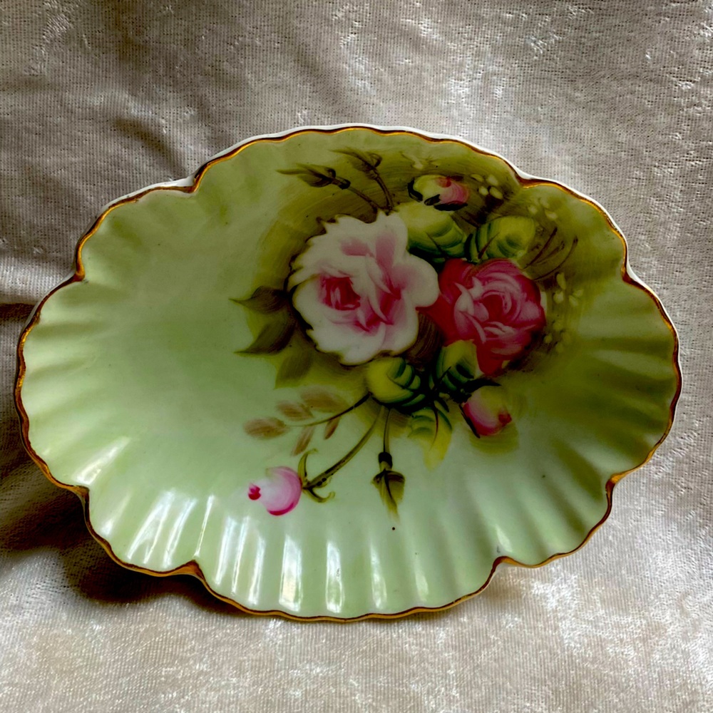 Lefton China Candy Dish Scallop Shape Mint Green with Pink Flowers #1860